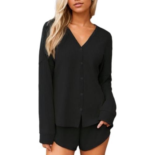 CUPSHE Ribbed Knit Long Sleeve and Short Pajama Sets 2 Piece Button Down Long Sleeve PJs for Women Soft Loungewear