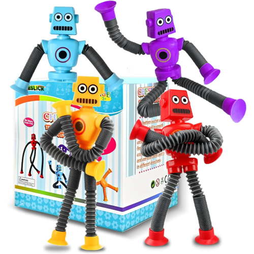 Autism Sensory Toys for Kid Boys Year Old Ages 4 5 6 7 8 9 10(4PCS), Suction Robot Toy Pop Tube Fidget Toys Autistic Travel Toys Valentine's Day Gift Easter Basket Stocking Stuffer for Kids