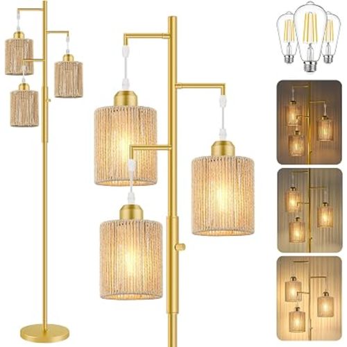 Hotsonic 72" Boho Rattan Tree Floor Lamp, Tall Dimmable Industrial Standing Lamp, Corner Decor Accent Lighting for Living Room, Bedroom, Dining Room, Nursery, Cafe (3 x 800LM Bulbs Included) - Gold