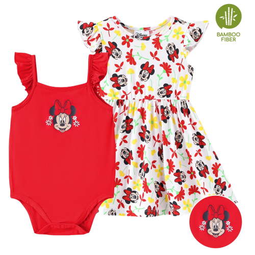 Disney Baby Girls Clothes Bamboo Viscose Minnie Mouse Floral Dress and Graphic One-Piece Romper 2 Pack Outfit Shower Gift Newborn 0-3 Months