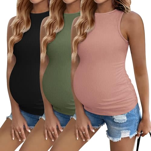 Ekouaer Women Maternity Tank Tops 3 Packs Crew Neck Ribbed Pregnancy Shirts Mama Clothes