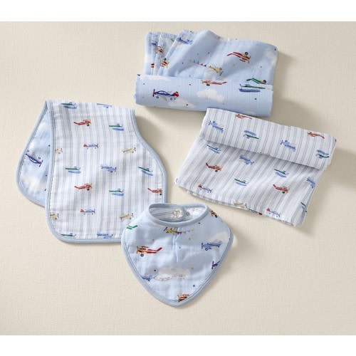 Airplanes Organic Muslin Bib, Burp & Swaddle Set