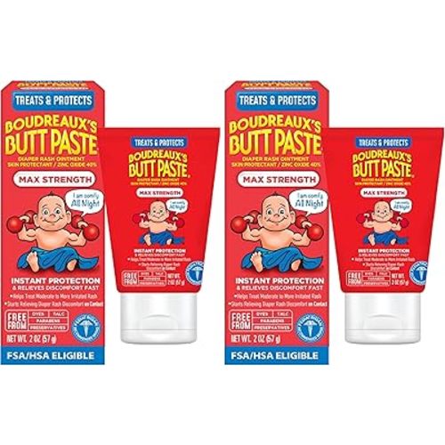 Boudreaux’s Butt Paste Max Strength Diaper Rash Cream for Baby, Ointment With Zinc Oxide, 2 oz Tube (Pack of 2)