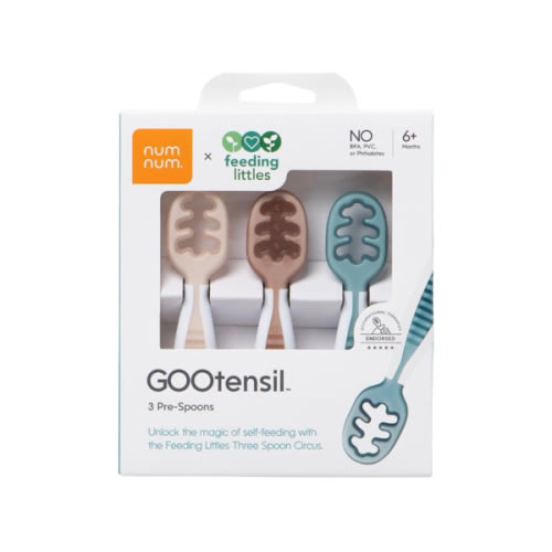 NumNum Baby Spoons Set, Feeding Littles x Silicone Pre-Spoon GOOtensils for Baby Led Weaning, Self-Feeding & Teething, First Stage Toddler Utensils for Ages 6+ Months, 3-Pack, BPA-Free (Neutrals)