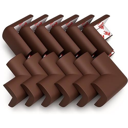 12-Pack Corner Protectors Baby Proof, Furniture Corner and Edge Safety Bumpers, Soft Rubber Foam Cushion Covers, 3M Taped Corner Guards, Baby Child Proofing Pads, Table Corner Protectors, Brown