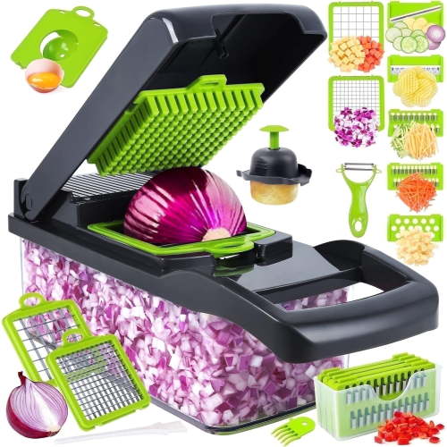 Vegetable Chopper, Pro Onion Chopper, 14 in 1Multifunctional Food Chopper, Kitchen Vegetable Slicer Dicer Cutter,Veggie Chopper With 8 Blades,Carrot Chopper With Container-kitchen essentials(Grey)