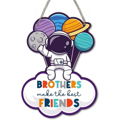 BSIKAIK Space Decor for Boys Room Space Themed Bedroom Decor Space Astronaut Door Sign Inspirational Quote Brothers Make the Best Friends Hanging Decor for Boys Room Nursery Playroom Wall Decor