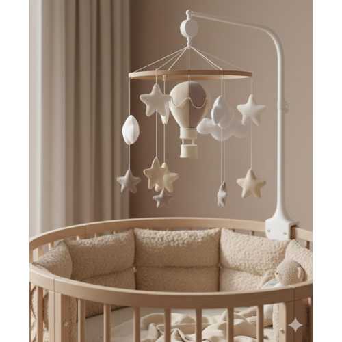 Baby Mobile Felt – Hot Air Balloon Hanging – Pastel Stars Clouds Decoration – Neutral Nursery Accessory – Handmade Crib Ornament