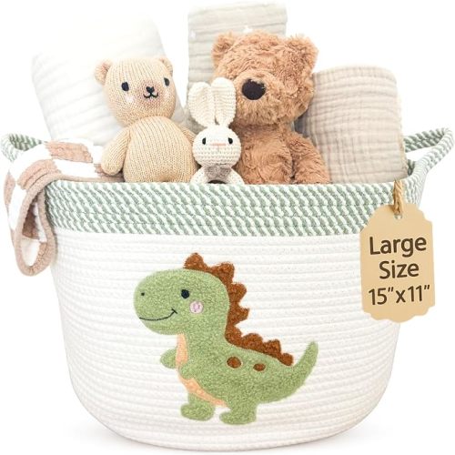 Dinosaur Baby Storage Basket, Woven Cotton Rope Nursery Bin, 15x11 in