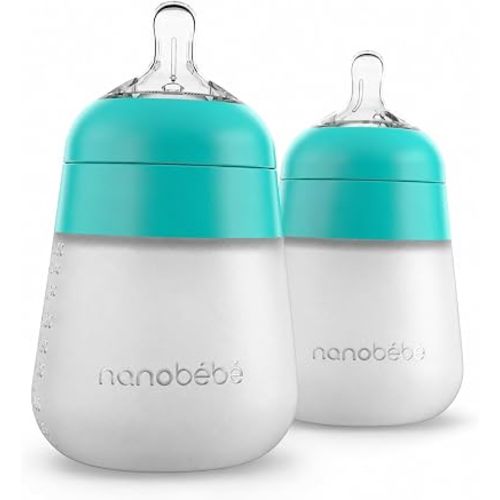 Nanobébé Flexy Silicone Baby Bottle, Anti-Colic, Natural Feel, Non-Collapsing Nipple, Non-Tip Stable Base, Easy to Clean 2-Pack, Teal, 9oz