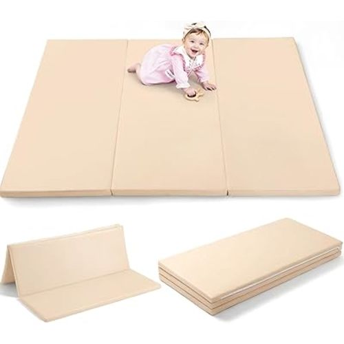 Mallify Tri-fold Baby Play Mat for Floor, Waterproof & Non-Slip PU Leather Baby Mat, 50" x 50" Playpen Mat, Foldable & Portable Play Mat, Thick Soft Playmat for Infants and Toddlers, Beige