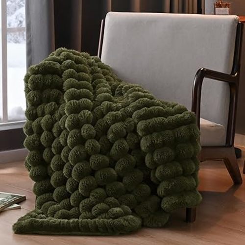 David's Home Reversible Faux Rabbit Fur Throw Blanket, Luxury Soft Thick Shaggy Warm Fuzzy Bubble for Couch, Bed, Cozy Plush Fluffy Decor for Fall Winter,Winter Moss,50 "* 60"