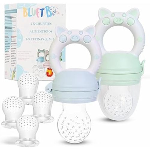 Bluet B- Baby Fruit Feeder Pacifier - BPA-Free Silicone Baby Food Feeder for Self-Feeding - Teething Relief - 4+ Months, 6 Silicone Nipples - 2 Pack Fresh Fruit Pacifier Frozen Teether - Blue & Green