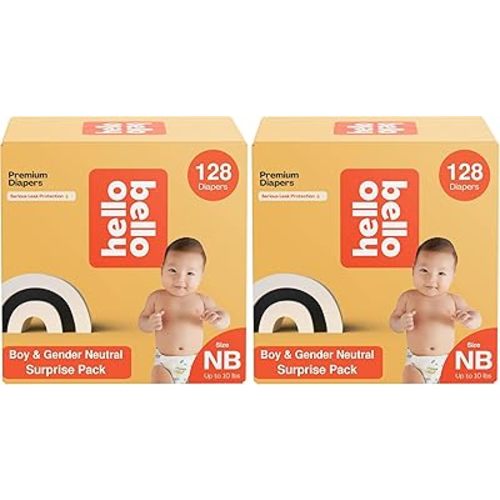 Hello Bello Premium Diapers, Size Newborn (Up to 10 lbs) Surprise Pack for Boys - 128 Count, Hypoallergenic with Soft, Cloth-Like Feel - Assorted Boy & Gender Neutral Patterns (Pack of 2)