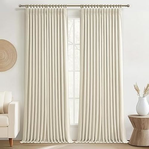 Thick Linen Sand Beige Black Out Curtains 96 Inch Long for Living Room, Elegant Pinch Pleated Room Darkening Cream Curtain & Drapes 40x96 Length for Bedroom Privacy Insulated Windows Burg 2 Panels Set