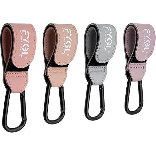 Stroller Hooks - Leather Buggy Clips, Pushchair Carabiner Clip for bags, Easy Attachment for Pram, Universal Stroller Clips and Hooks, Stroller Accessories - Morandi Light (4 Pack)
