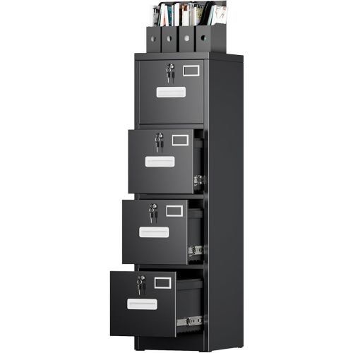 SUXXAN 4 Drawer File Cabinet with Lock and Name Card Slots, Heavy Duty Metal Vertical Filing Cabinet for Home Office for Letter/Legal/A4 Size, 17.72" D x 14.96" W x 55.2" H, Black