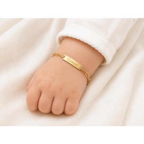 14K Solid Gold Personalized Baby Name Bracelet, Paperclip Chain, Kids ID Jewelry