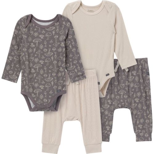 Modern Moments by Gerber Baby Neutral 4-piece Baby Long Sleeve Bodysuits and Cozy Pants Set, Gray, 3-6 months