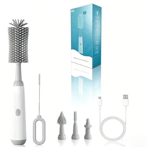 Electric Bottle Brush Set, 6-in-1 Electric Cleaning Brush with Waterproof Silicone Cleaner, 3 Replaceable Brush Heads, Straw Brush & Extension Rod, for Baby Feeding Supplies and Kitchen Utensils