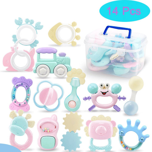 Vongem Baby Teething Toys 14PCS, Soft Silicone Infant Rattles Set with Storage Case, Newborn Toys 0-12 Months
