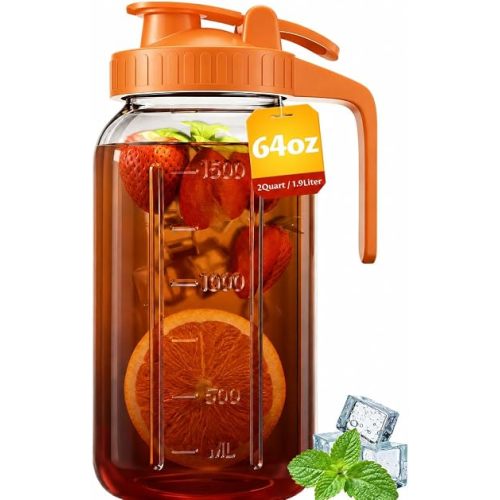 Glass Pitcher with Airtight Lid and Spout, 64oz Mason Jar Pitcher - Wide Mouth, Leakproof Water Jug for Juice, Sun Iced Tea, Cold Brew Coffee, Milk Storage, Orange
