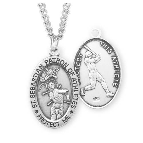 Saint Sebastian Oval Sterling Silver Baseball Male Athlete Medal Pendant with Chain