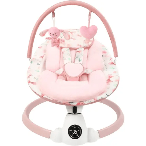 Baby Swing for Infants with 5 Swing Speeds, Portable Electric Baby Swing with Bluetooth, Remote Control & Touch Panel, 5-Point Harness, Indoor & Outdoor Use, Pink