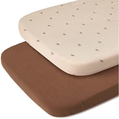 Muslin Bassinet Sheet for Baby Girl Boy, 100% Muslin Cotton Fitted for Oval Hourglass and Rectangular Bassinet Mattress Pad, Stylish Boho Bassinet Sheets Baby Nursery, 2 Pack (Sunshine& Brown)