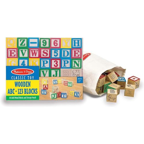 Melissa & Doug Deluxe Wooden ABC/123, 50-Piece Set of Classic Letter & Number Wooden Blocks (1” x 1”) with Storage Pouch, Sorting & Stacking Toys for Kids Ages 2+