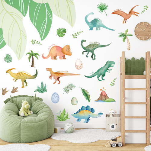 Watercolor Dinosaur Wall Decals Tropical Plants Wall Stickers Vinyl Peel and Stick Dino Decor for Kids Boys’ Bedroom Nursery Classroom Playroom Living Room