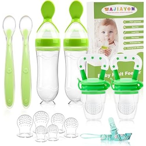 WAJIAYON Baby Fruit Feeder Pacifier - 6 Pack | 2 Infant Food Feeder Pacifier & 2 Baby Food Dispensing Spoon | Fresh Fruit Teethers for Babies | Silicone Feeder Babies,Infant Teething Feeders (Green)