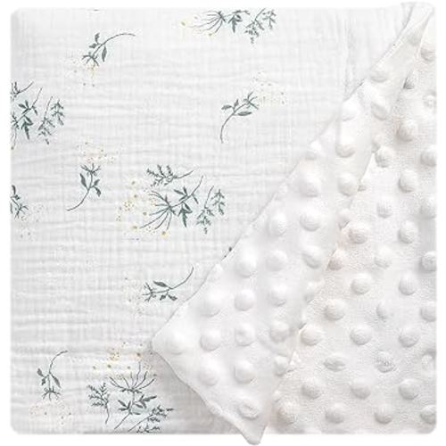 Cotton Muslin Front Fluffy-Backed Baby Swaddle Blankets Double Layer Nursery Plush Dotted Fleece Back Receiving Bed Quilt Blanket for Unisex Newborn Toddler Boys Girls 30 x 41 Inches