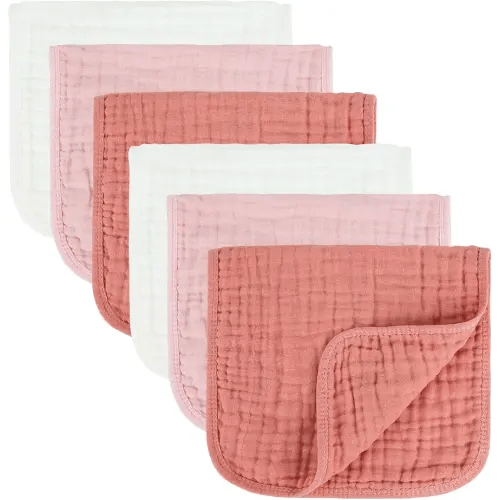 Baby Burp Cloth 100% Cotton Newborn Cotton Muslin Burp Cloth 10x20 inches (White & Pink 6 Pieces)