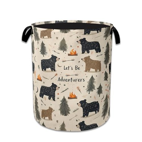 Funny Adventure Bear Forest Laundry Basket,Oxford Cloth Laundry Hamper With Handle Foldable Portable Clothes Storage Basket for Laundry Room/Bedroom/Bathroom 20.8"x16"