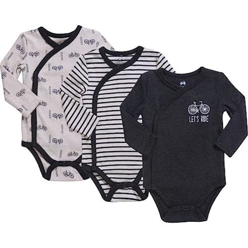 Asher and Olivia Baby Boy's 3-Pack Long-Sleeve Kimono Bodysuit Set: Side Snap Infant Clothes Bundle