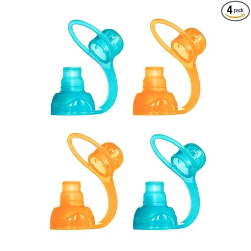 ChooMee SoftSip Food Pouch Top | Baby Led Weaning | No Spill Flow Control Valve, Protects Childs Mouth, 100% Silicone, BPA Free | Orange Aqua, 4 CT