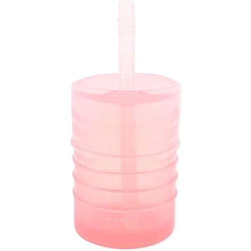Bumkins Baby and Toddler Cups, Sippy Cup with Straw, Spill Proof, Transition Cup for Babies Ages 1 Year, Safely Sip from Lid, Straw or Cup, First Year Supplies, Platinum Silicone, Holds 7oz, Pink
