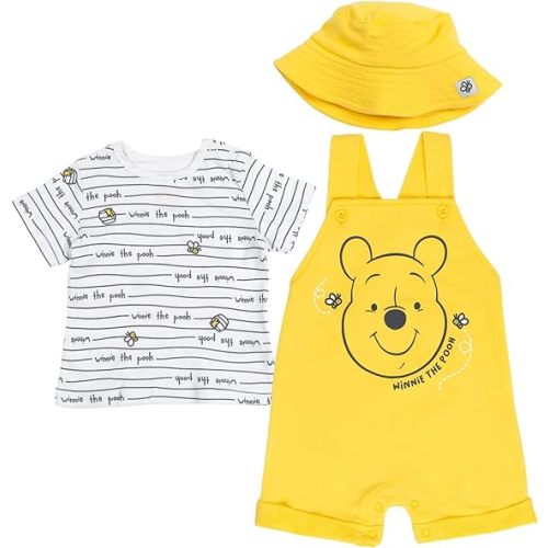 Disney Winnie the Pooh Baby Boys' Outfit Set 3 Piece Shortall Tee and Hat Newborn to Infant