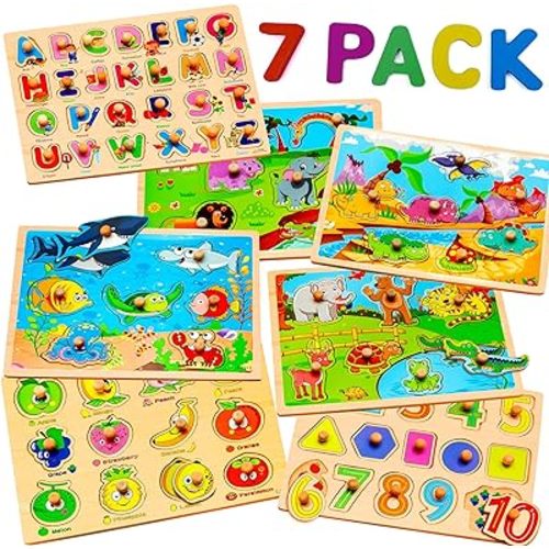7 Pack Wooden Puzzles for Toddlers 2 3 4 5 Years Old - 7 Colorful Chunky Wood Peg Puzzles for Kids Ages 2-5, Alphabet Shape Numbers Fruits Sea Animals Dinosaur Zoo - Educational Toddler Learning Toys
