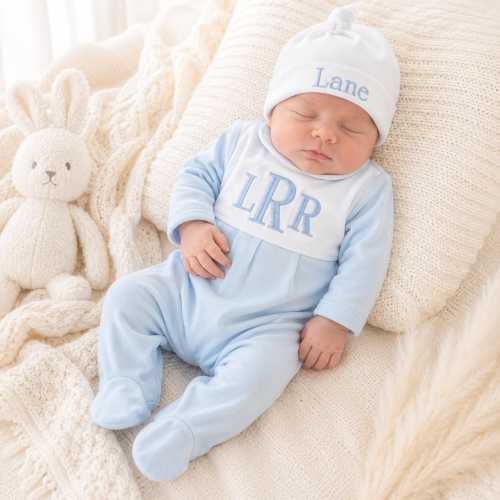 Baby Boy Coming Home Outfit, Monogrammed Blue Footie Romper Set