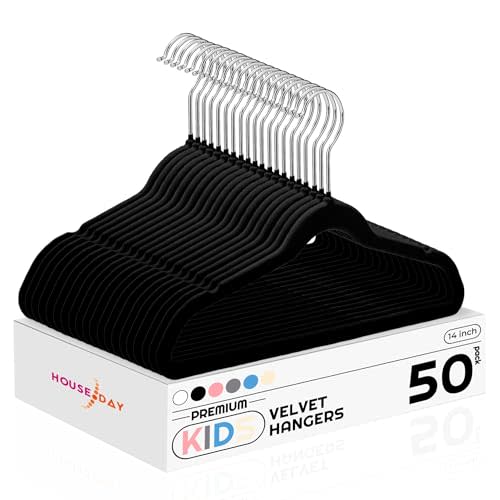 HOUSE DAY 14 Inch Kids Velvet Hangers 50 Pack, Durable Big Kids Hangers for Youth, Non Slip Kids Felt Hangers, Cute Childrens Hangers for Closet, Teen Hangers, Black