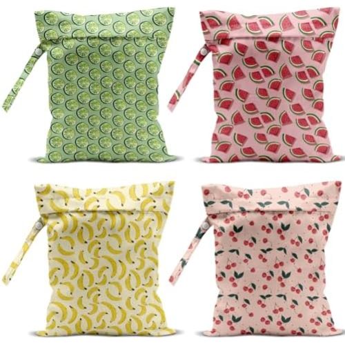 4 Pack Cute Fruit Wet Bag Waterproof Washable Reusable Wet Dry Bag for Swimsuit Dirty Clothes Cloth Diaper Travel Beach Pool Yoga Gym Toiletries Travel Beach Essentials Watermelon Cherry