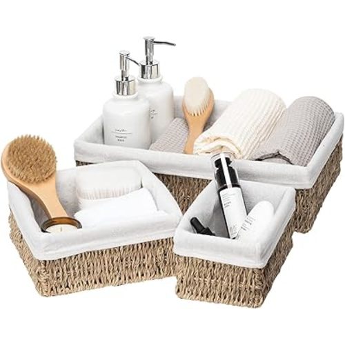 FairyHaus Seagrass Storage Baskets with Liner, Natural Small Seagrass Baskets, Hand-woven Nesting Wicker Baskets Set for Shelves Rectangle 3Pack (L+M+S)