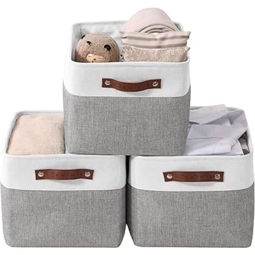 DECOMOMO Storage Bins, Large Fabric Storage Baskets for Shelves, Decorative Linen Closet Organizer, 15 x 11 x 9.5 inches (Grey & White, 3 Pack)