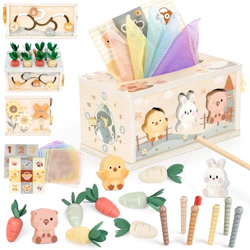 Joyreal 8-in-1 Montessori Tissue Box Toy for Baby 12 Months - Neutral Color Wooden Activity Cube for Boys and Girls First Birthday Gifts - Sensory Toy for Toddlers 1-3 Preschool Learning Education