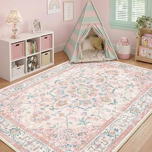 CAPALOCA 5x7 Washable Nursery Girls Low Pile Area Rug Pink Teal