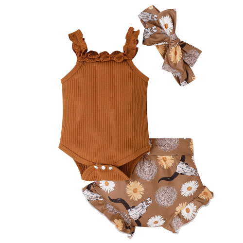 TAIAOJING Toddler Baby Girls Outfits Sleeveless Ruffles Ribbed Romper Bodysuit Cartoon Cow Prints Shorts Headbands Cute Clothes Set For 3-6 Months
