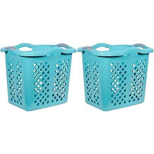 2 Pack Ultra Easy Carry Plastic Laundry Hamper, 2 Bushel Laundry Basket with Silver Handles for Home, Apartment, or Dorm Room, Blue