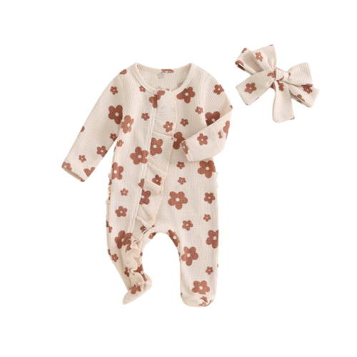 Bellafa Baby Girls Footies Ruffle Zip Up Onesie Romper Newborn Infant Floral Knit Jumpsuit with Headbant 2 Piece Coming Home Outfits
